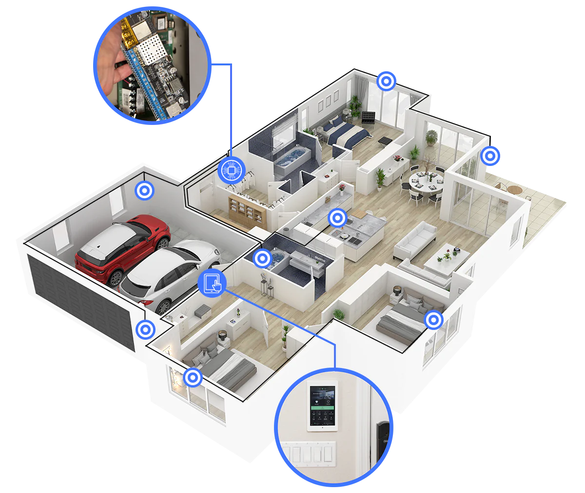 Cutaway view of a home with wired sensors marked at every door and window, the garage door, and a Konnected board installed in the existing alarm panel