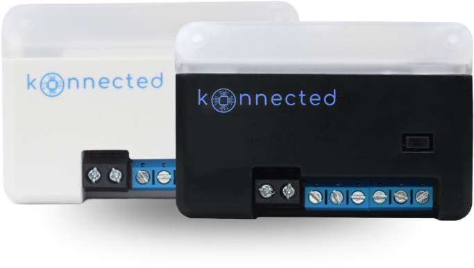 Two 'konnected' devices, one white and one black, on a white background.