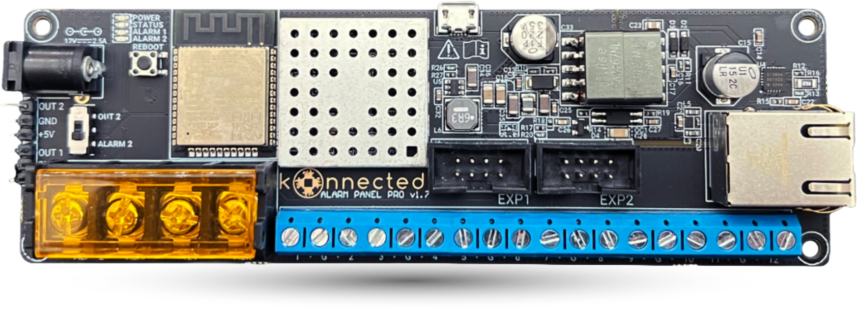Electronic circuit board with various components on a white background